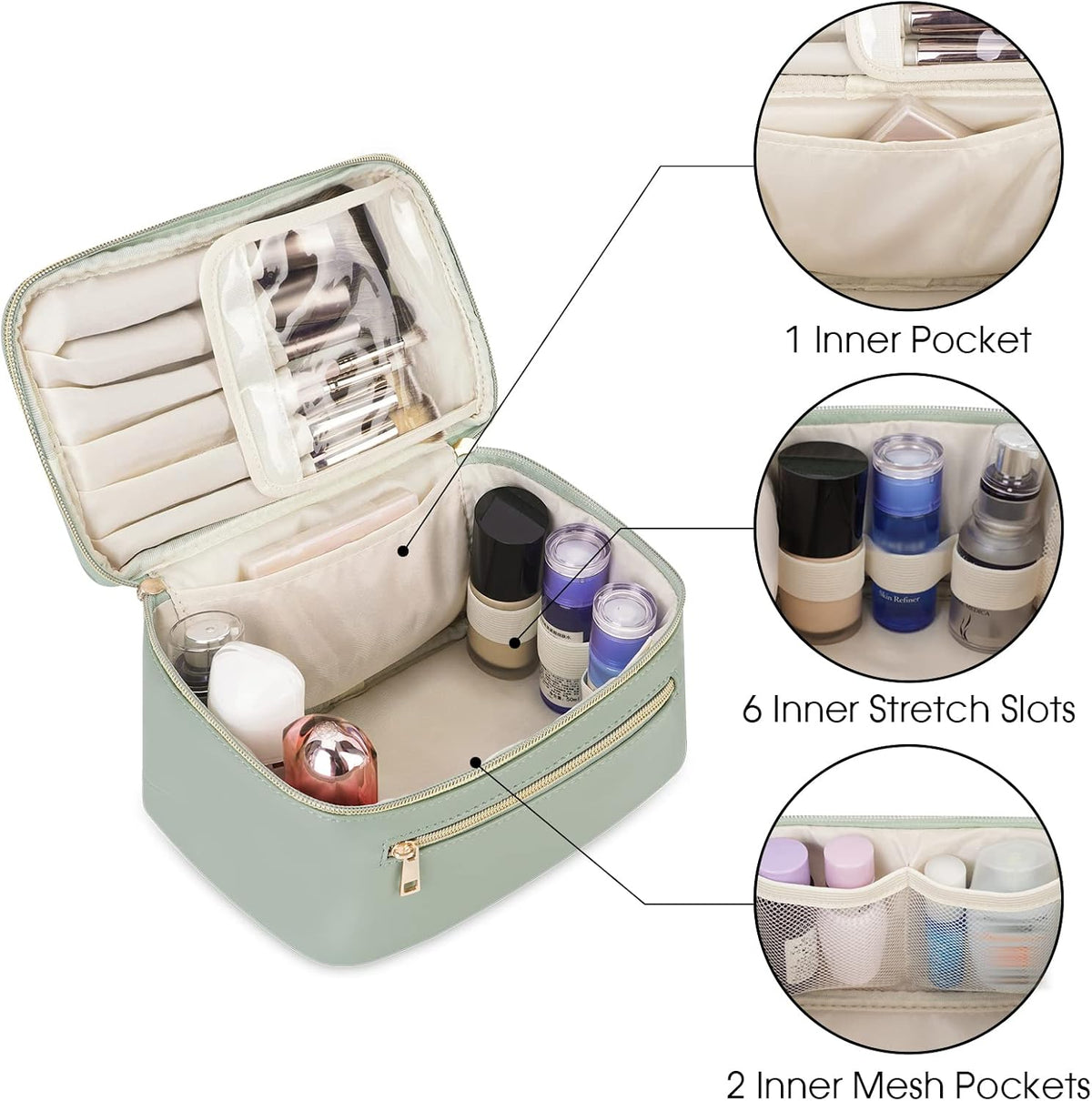 Stylish Sage Green Makeup Bag for Women - Travel Vanity Case with Convenient Handle
