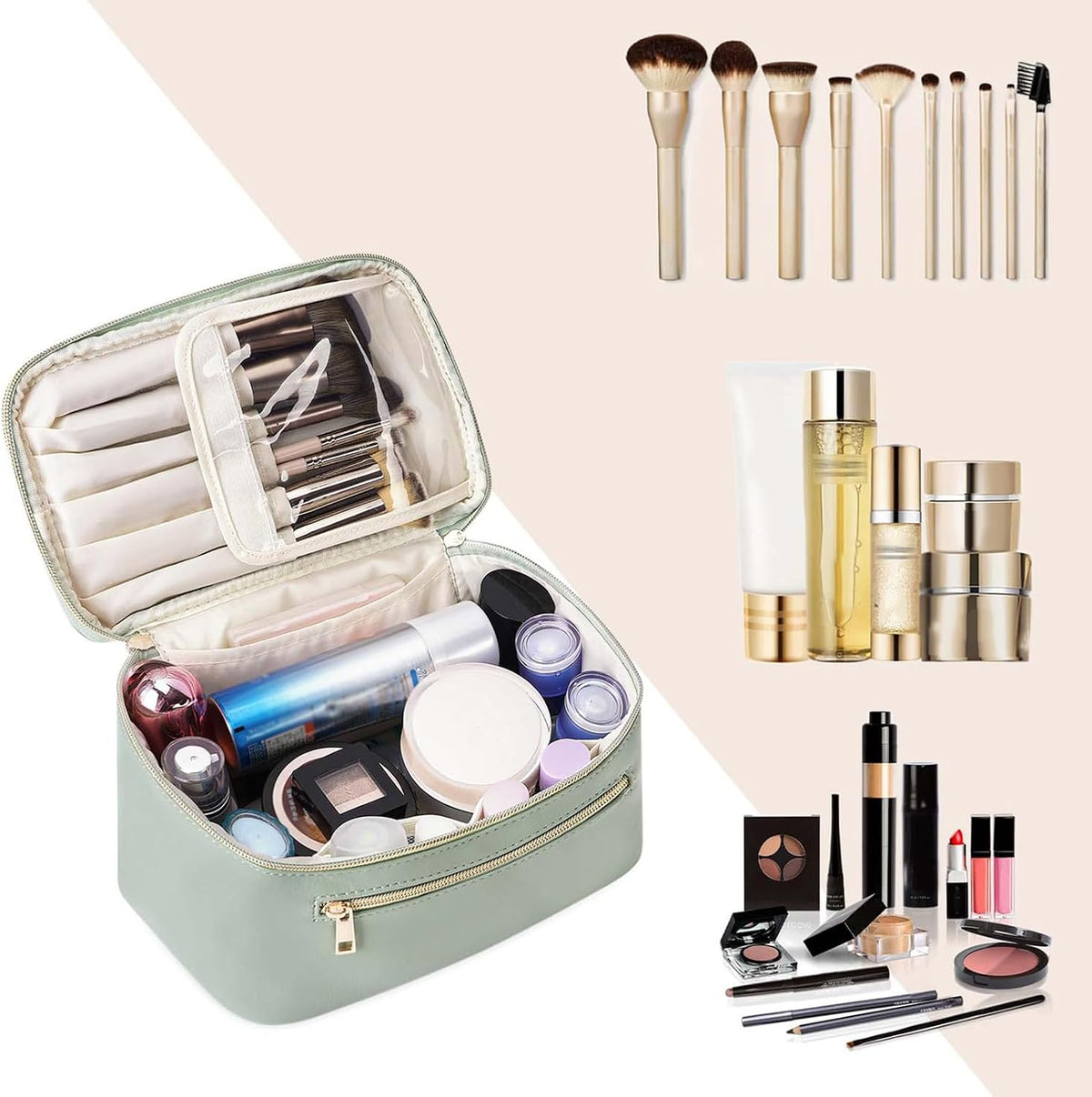 Stylish Sage Green Makeup Bag for Women - Travel Vanity Case with Convenient Handle