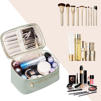 Stylish Sage Green Makeup Bag for Women - Travel Vanity Case with Convenient Handle