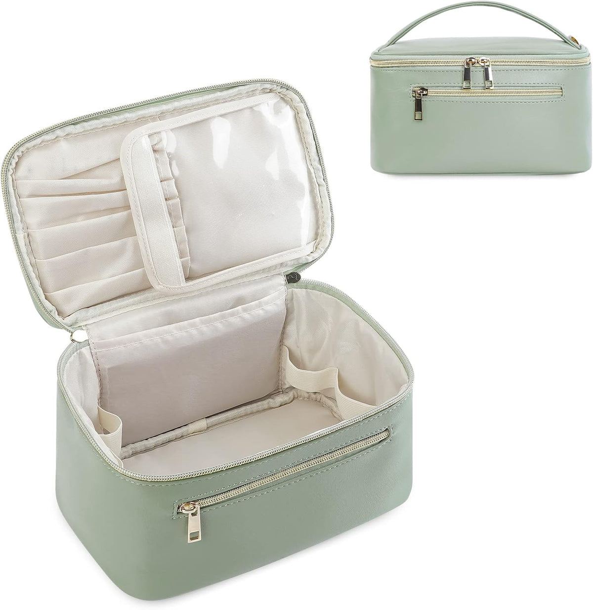Stylish Sage Green Makeup Bag for Women - Travel Vanity Case with Convenient Handle