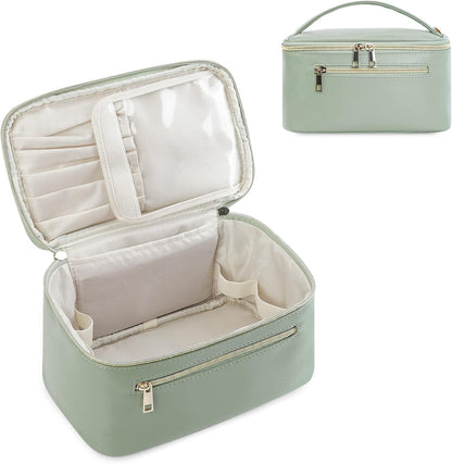Stylish Sage Green Makeup Bag for Women - Travel Vanity Case with Convenient Handle