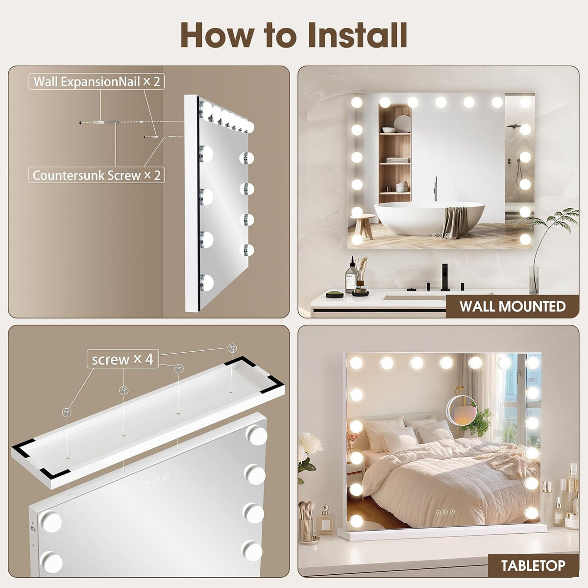 Illuminate Your Beauty: Modern Vanity Mirror with 17 Dimmable LED Bulbs and 10X Magnification for Flawless Makeup Application
