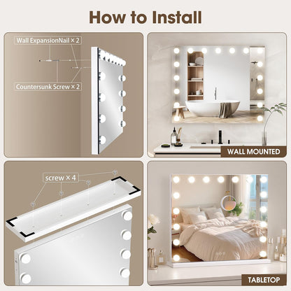 Illuminate Your Beauty: Modern Vanity Mirror with 17 Dimmable LED Bulbs and 10X Magnification for Flawless Makeup Application